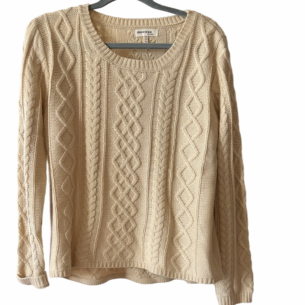 JR XL Beige Fisherman Cable Sweater with elbow patches Monteau of Los Angeles.